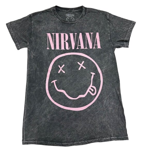 Nirvana Womens Size‎ S Black Wash Pink Happy Face Graphic Print Tee T-Shirt NEW - Picture 2 of 5